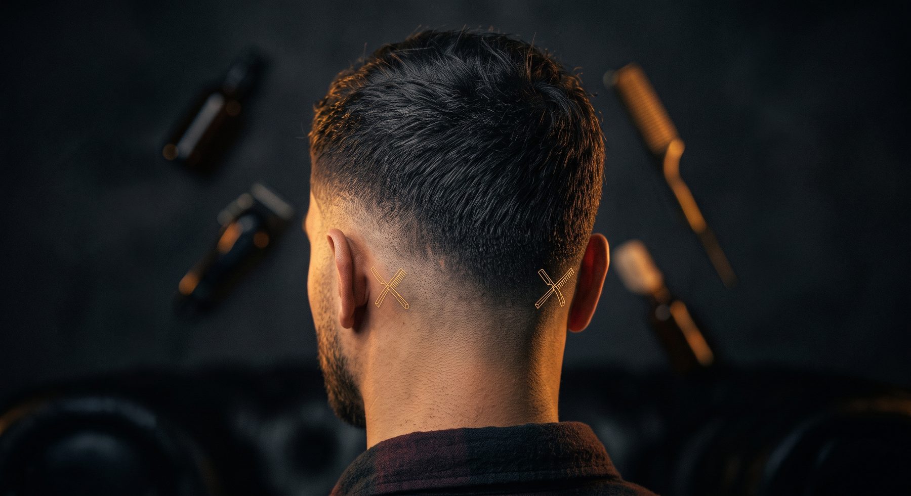 Editorial macro photography close-up of a sharp textured hairstyle and sculpted fade haircut on a male model, showcasing crisp edge lineup, razor-sharp hairline, textured crop styling on top, dramatic warm amber rim light, moody luxury dark background