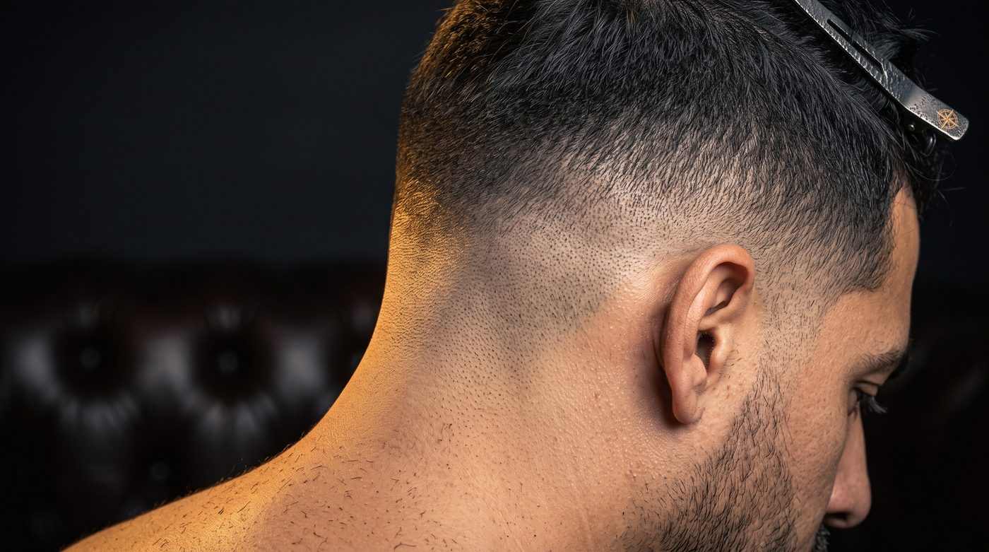 Macro close-up editorial photography of a skin-tight skin fade haircut gradient and neckline graduation on a male client, flawless blurry-smooth transition from skin to dark stubble to dense hair, clean razor-sharp edge lineup, dark moody luxury barbershop lighting, warm amber rim light, high resolution texture detail