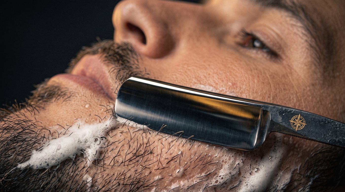 Extreme macro close-up photography of a Japanese steel straight razor edge gliding with clinical precision against trimmed stubble and skin, micro water droplets, luxurious rich shaving lather cream texture, dark dramatic obsidian moody lighting, warm gold tungsten glint reflecting off the razor's polished mirror edge, ultra sharp details, luxury barber craft