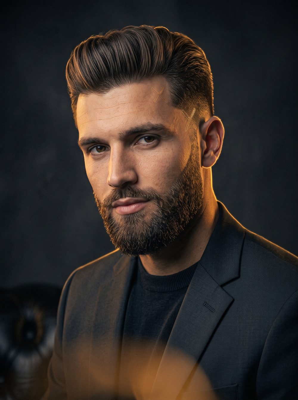 Close portrait of a stylish gentleman with sculpted full beard and sharp pompadour haircut