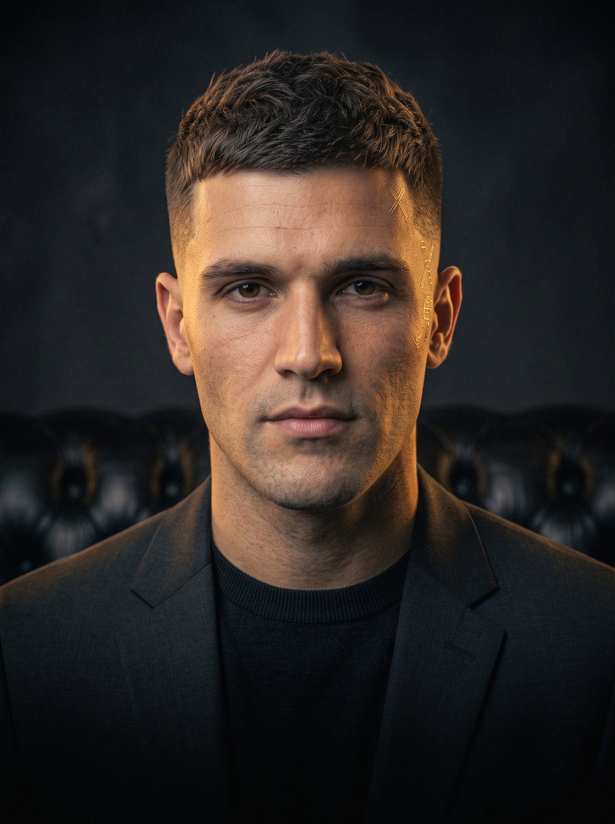 Crisp studio portrait of modern man after haircut with sharp textured crop and precision taper fade