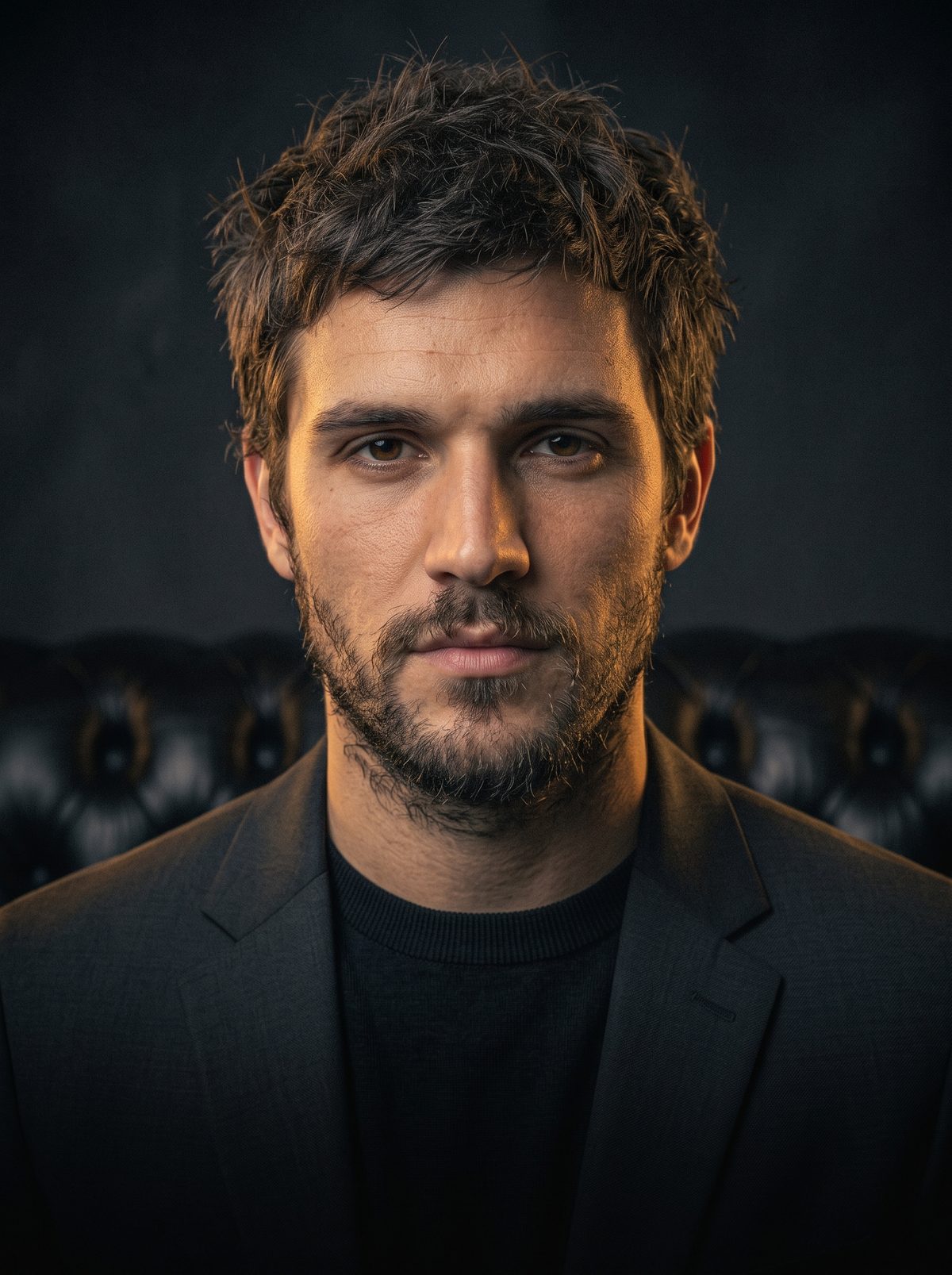 Editorial studio portrait of modern man before haircut and grooming with overgrown scruffy hair and untrimmed beard