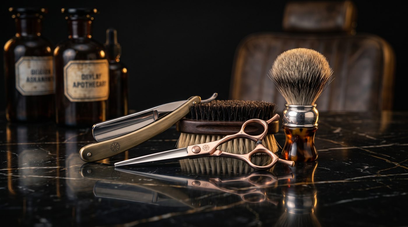 Close-up high-end photo of luxury barber tools arranged on dark marble counter